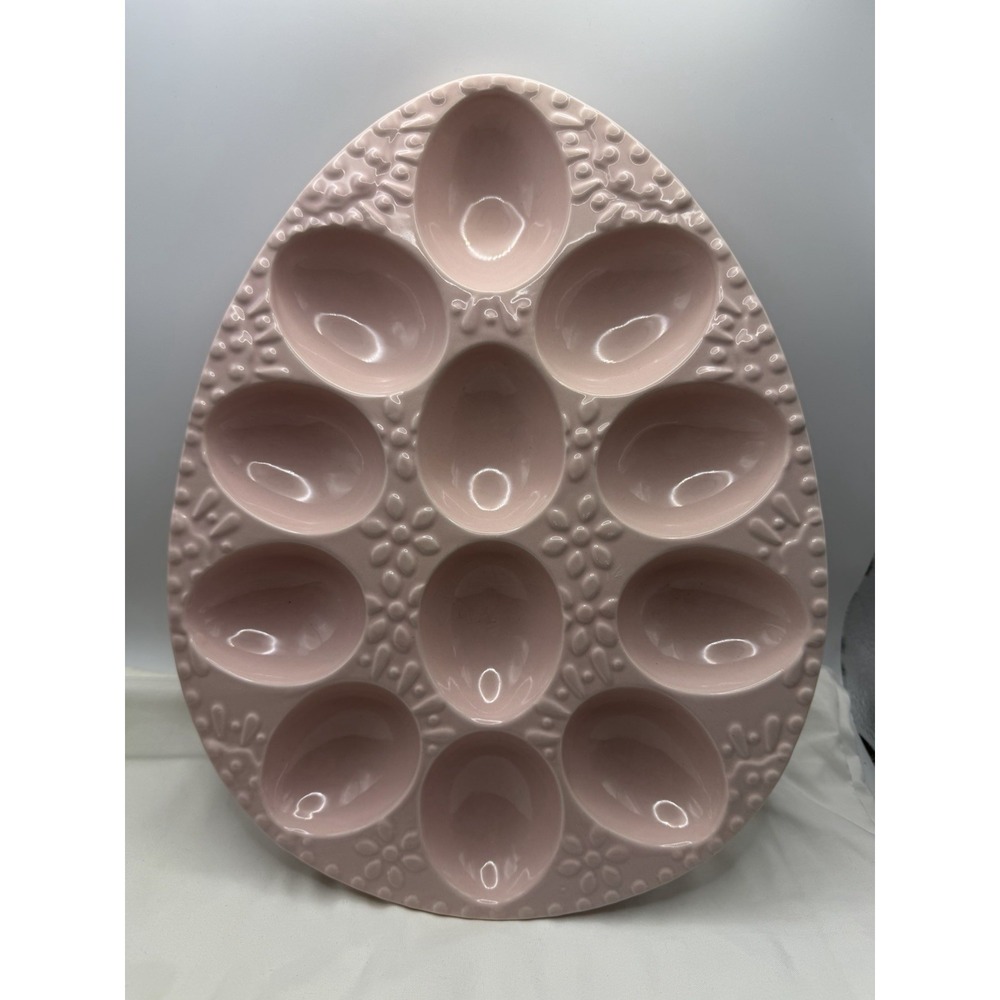 Ceramic Deviled Egg Plate Pastel Pink Classic Style,Dish In Egg Shape, 12 Eggs